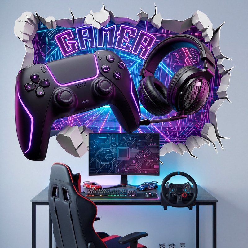 Wandtattoos: Mauerbruch Neon-Gamer-Controller und Headset