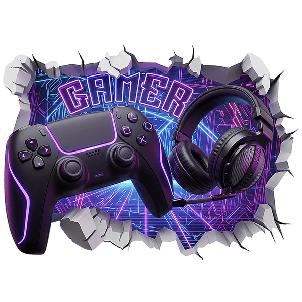 Wandtattoos: Mauerbruch Neon-Gamer-Controller und Headset