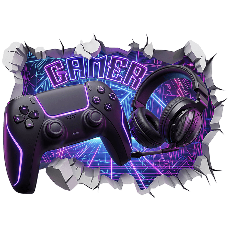 Wandtattoos: Mauerbruch Neon-Gamer-Controller und Headset