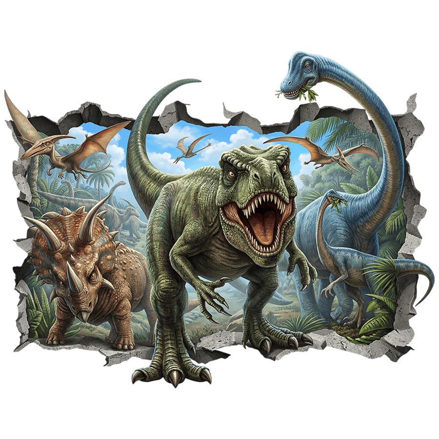 Kinderzimmer Wandtattoo: Mauerbruch T-Rex und urzeitliche Dinosaurier