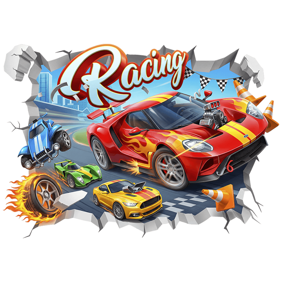 Kinderzimmer Wandtattoo: Mauerbruch Racing-Rennwagen auf der Rennstrecke