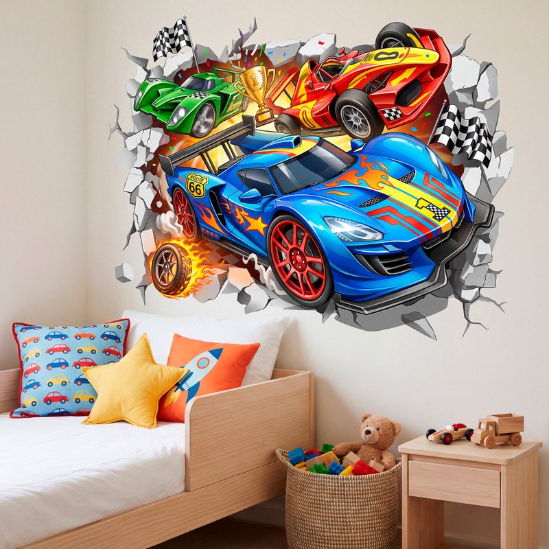 Kinderzimmer Wandtattoo: Mauerbruch Rennwagen mit Siegerpokal