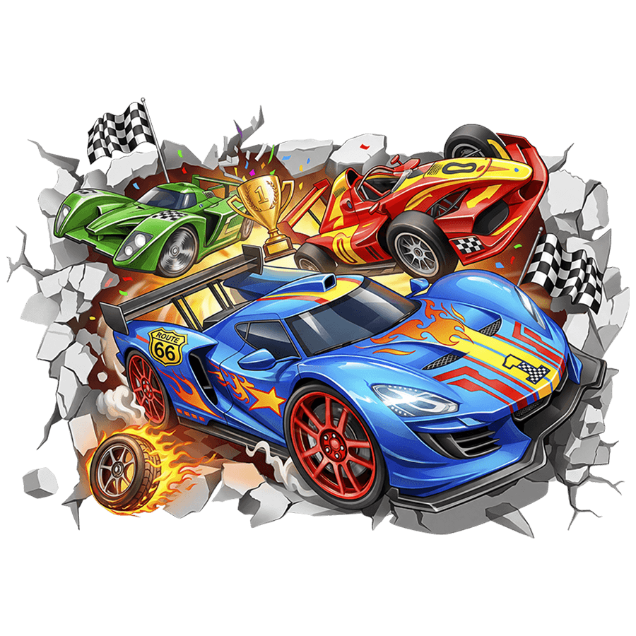 Kinderzimmer Wandtattoo: Mauerbruch Rennwagen mit Siegerpokal