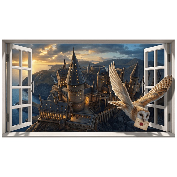 Wandtattoos: Fenster auf Schloss Hogwarts mit der Eule Hedwig