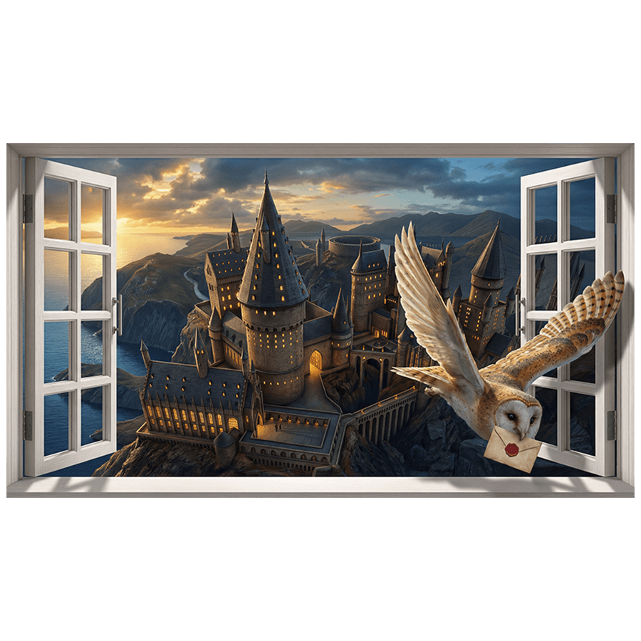 Wandtattoos: Fenster auf Schloss Hogwarts mit der Eule Hedwig
