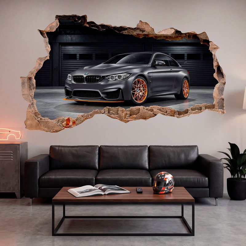 Wandtattoos: Mauerbruch BMW M3 Sportwagen in der Garage