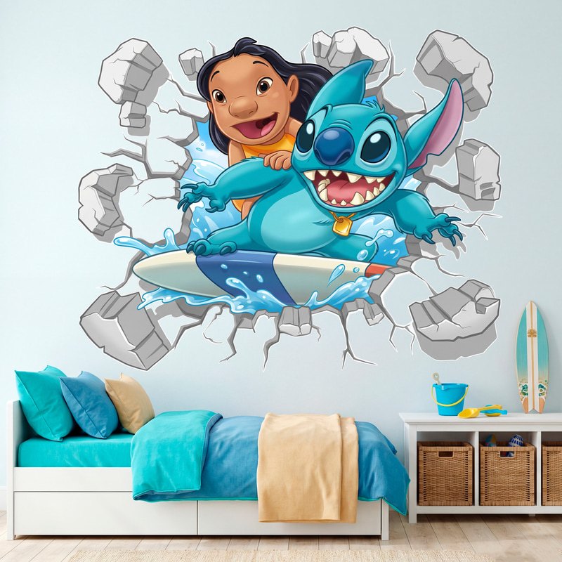 Kinderzimmer Wandtattoo: Mauerbruch Lilo & Stitch beim Wellenreiten