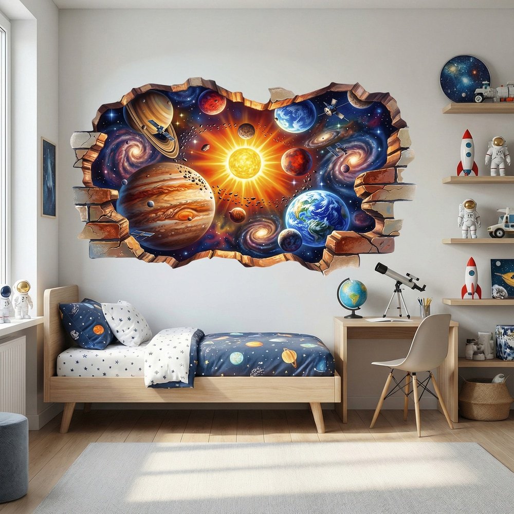 Kinderzimmer Wandtattoo: Mauerbruch Sonnensystem und Galaxien