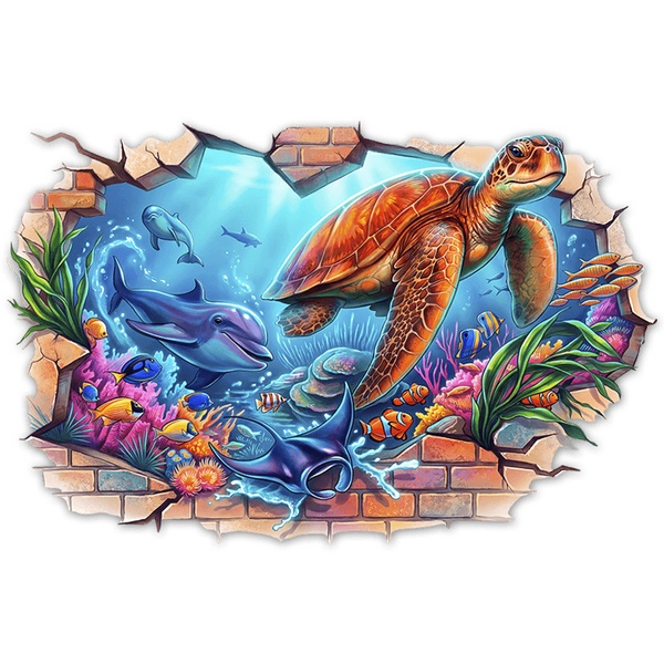 Wandtattoos: Wandloch Unterwasserwelt mit Delfinen und Schildkr