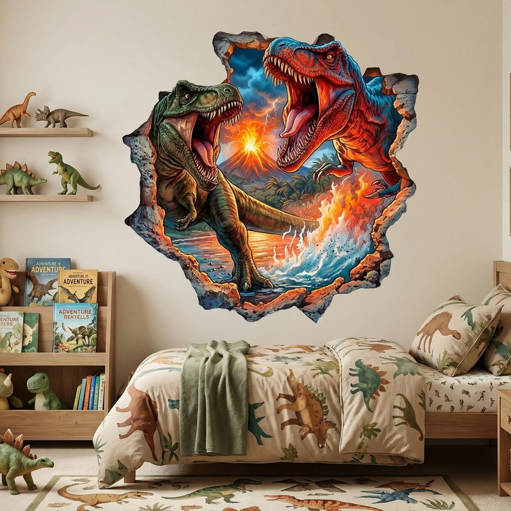 Kinderzimmer Wandtattoo: Wandloch Dinosaurier T-Rex Vulkanausbruch