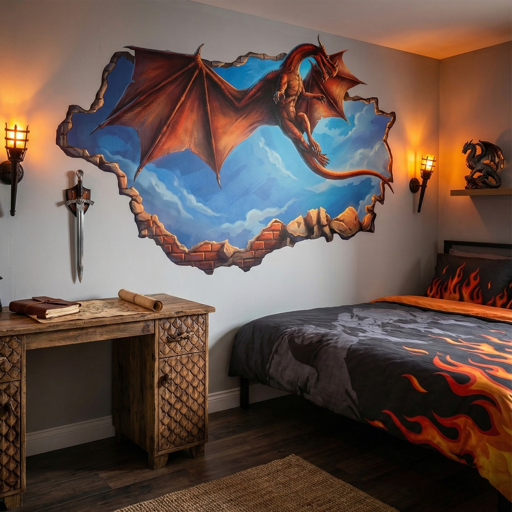 Wandtattoos: Fliegender Drache Wanddurchbruch