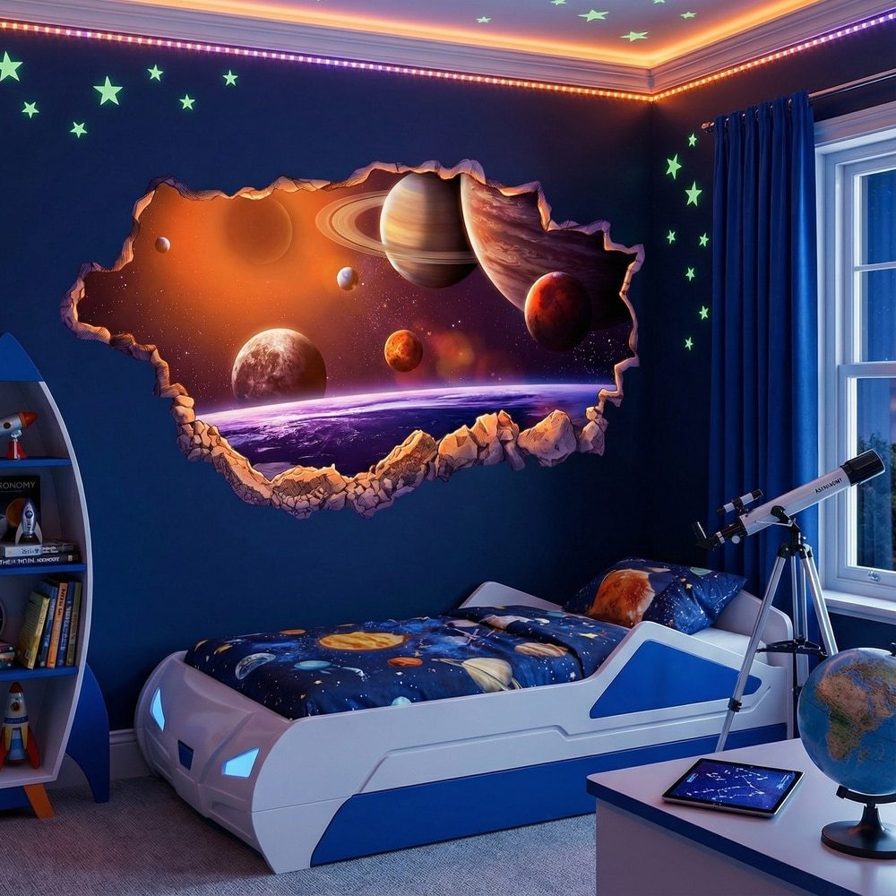 Kinderzimmer Wandtattoo: Kosmisches Wandloch mit Galaxien und Planeten
