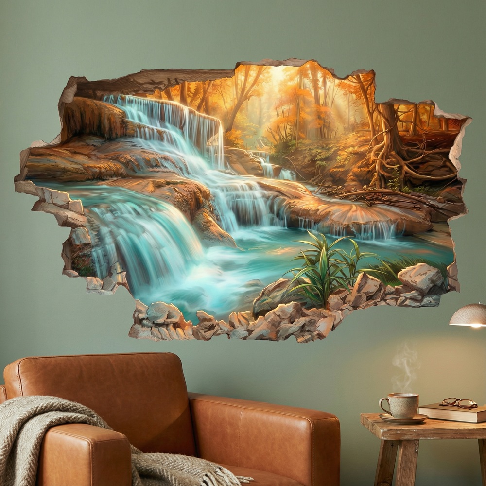 Wandtattoos: Mauerloch Wasserfall im Herbstwald