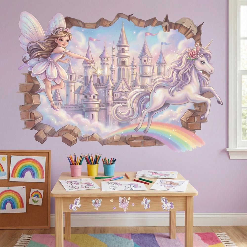 Kinderzimmer Wandtattoo: Wandloch Fee, Schloss und Einhorn