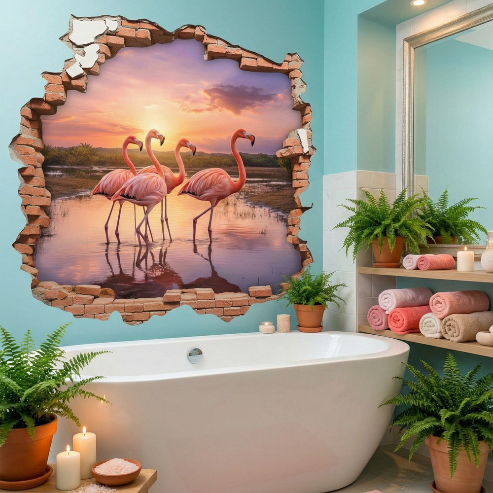 Wandtattoos: Wanddurchbruch Flamingos Sonnenuntergang