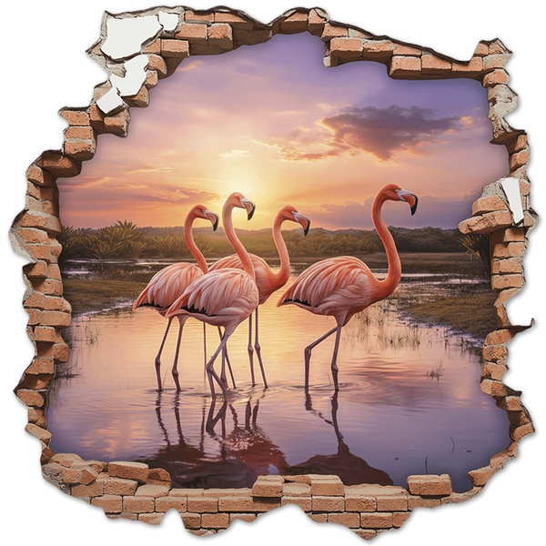 Wandtattoos: Wanddurchbruch Flamingos Sonnenuntergang