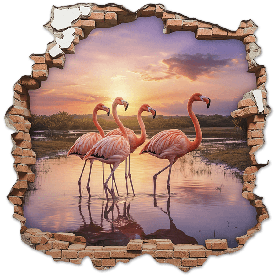 Wandtattoos: Wanddurchbruch Flamingos Sonnenuntergang
