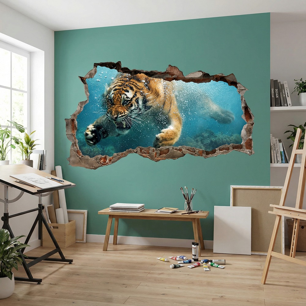 Wandtattoos: Wanddurchbruch Tiger Unterwasser