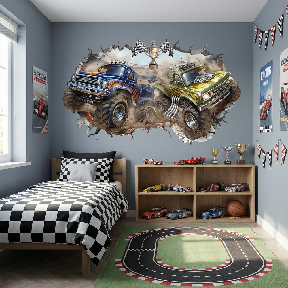 Kinderzimmer Wandtattoo: Wanddurchbruch Monster Trucks Rennen