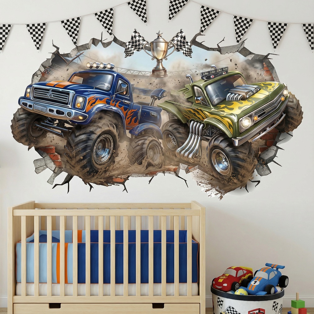 Kinderzimmer Wandtattoo: Wanddurchbruch Monster Trucks Rennen
