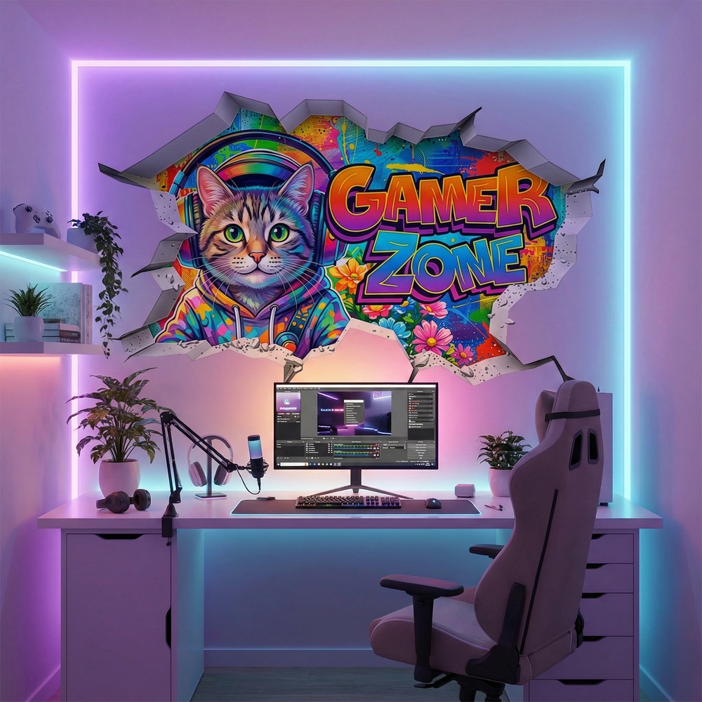 Wandtattoos: Wanddurchbruch Gamer Zone Katze