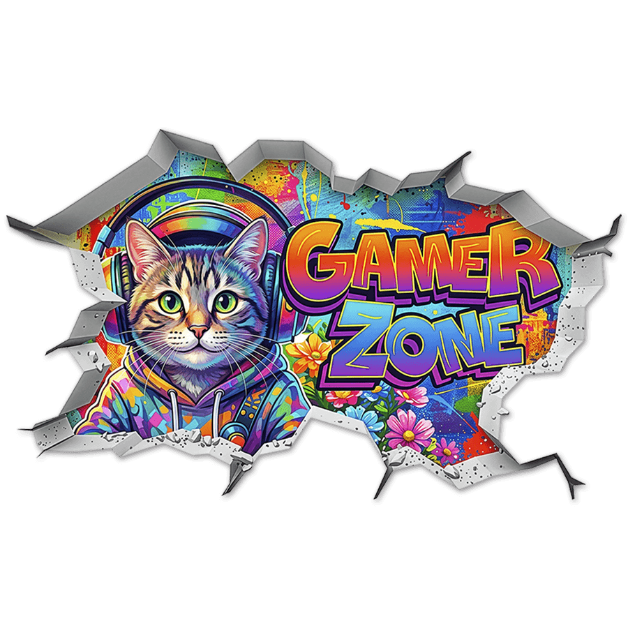 Wandtattoos: Wanddurchbruch Gamer Zone Katze