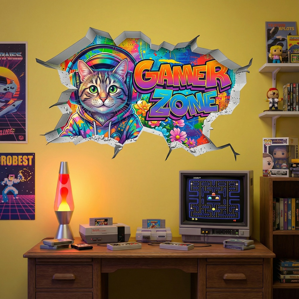 Wandtattoos: Wanddurchbruch Gamer Zone Katze