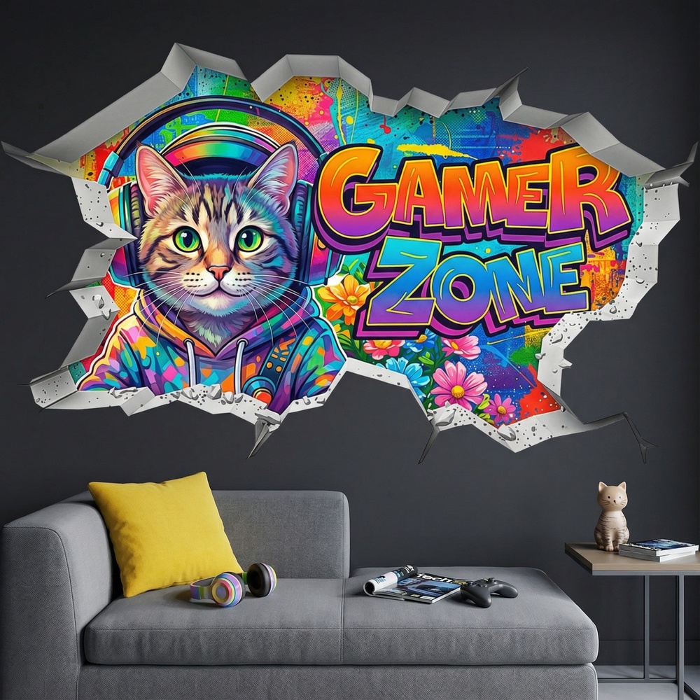 Wandtattoos: Wanddurchbruch Gamer Zone Katze