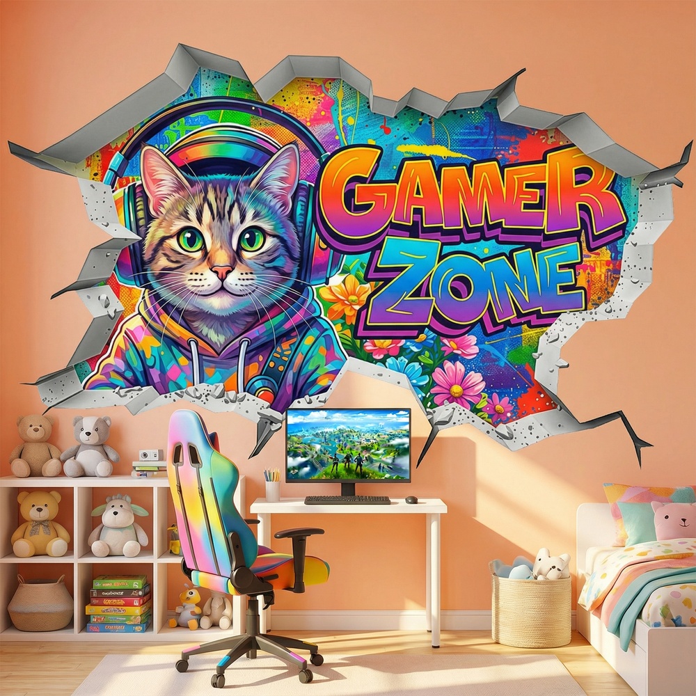 Wandtattoos: Wanddurchbruch Gamer Zone Katze