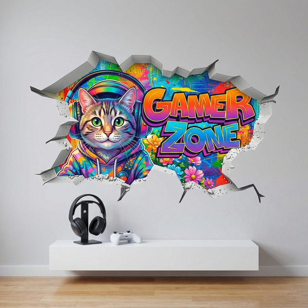 Wandtattoos: Wanddurchbruch Gamer Zone Katze