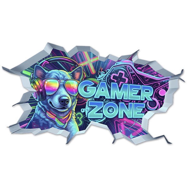 Wandtattoos: Wanddurchbruch Gamer Zone Hund