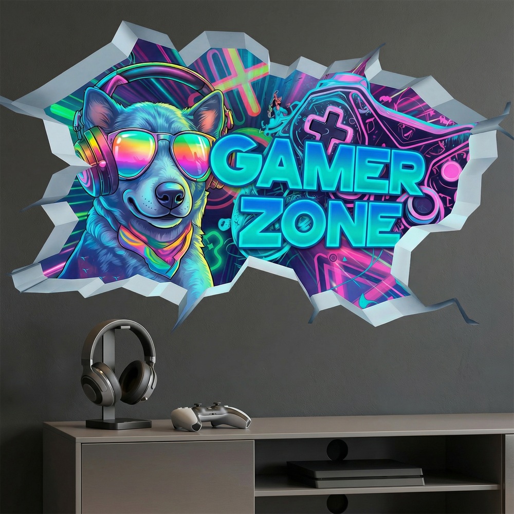Wandtattoos: Wanddurchbruch Gamer Zone Hund