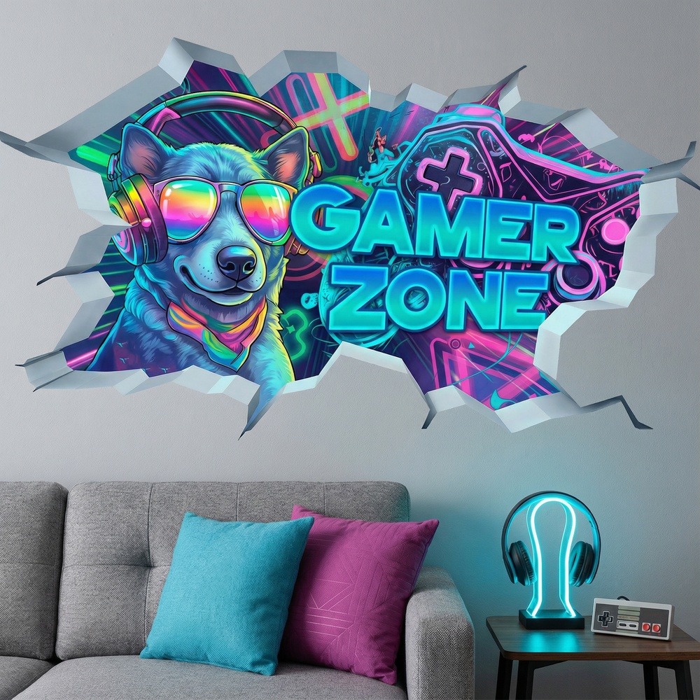 Wandtattoos: Wanddurchbruch Gamer Zone Hund