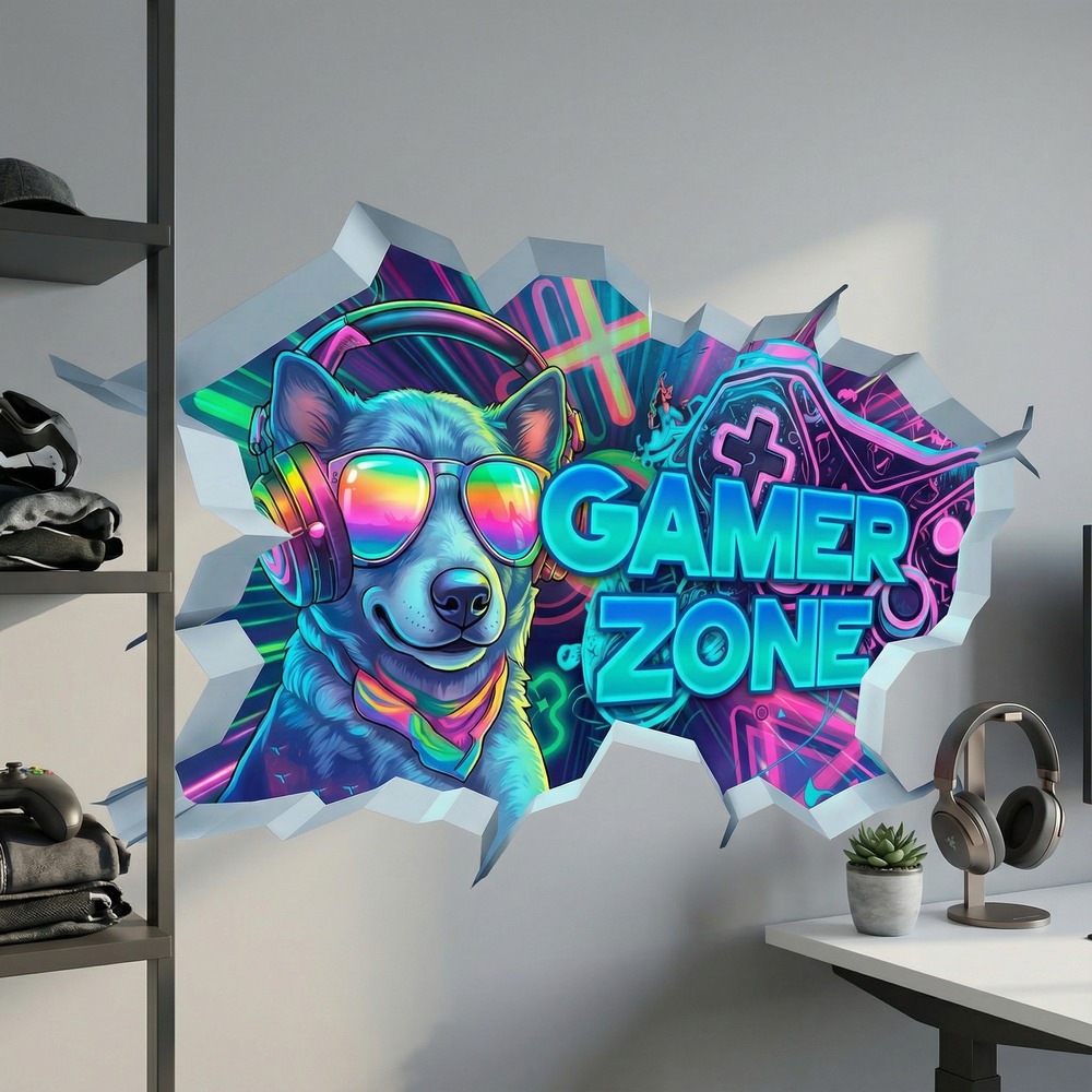 Wandtattoos: Wanddurchbruch Gamer Zone Hund
