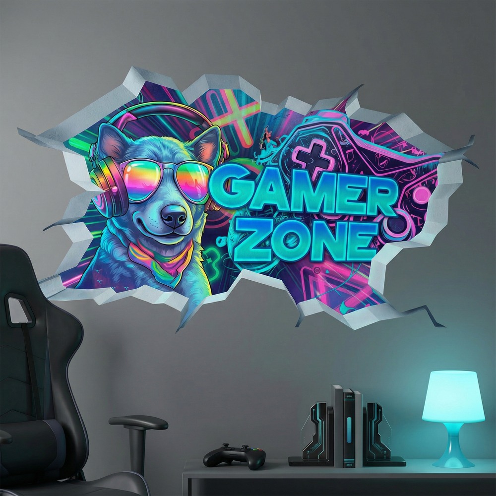 Wandtattoos: Wanddurchbruch Gamer Zone Hund