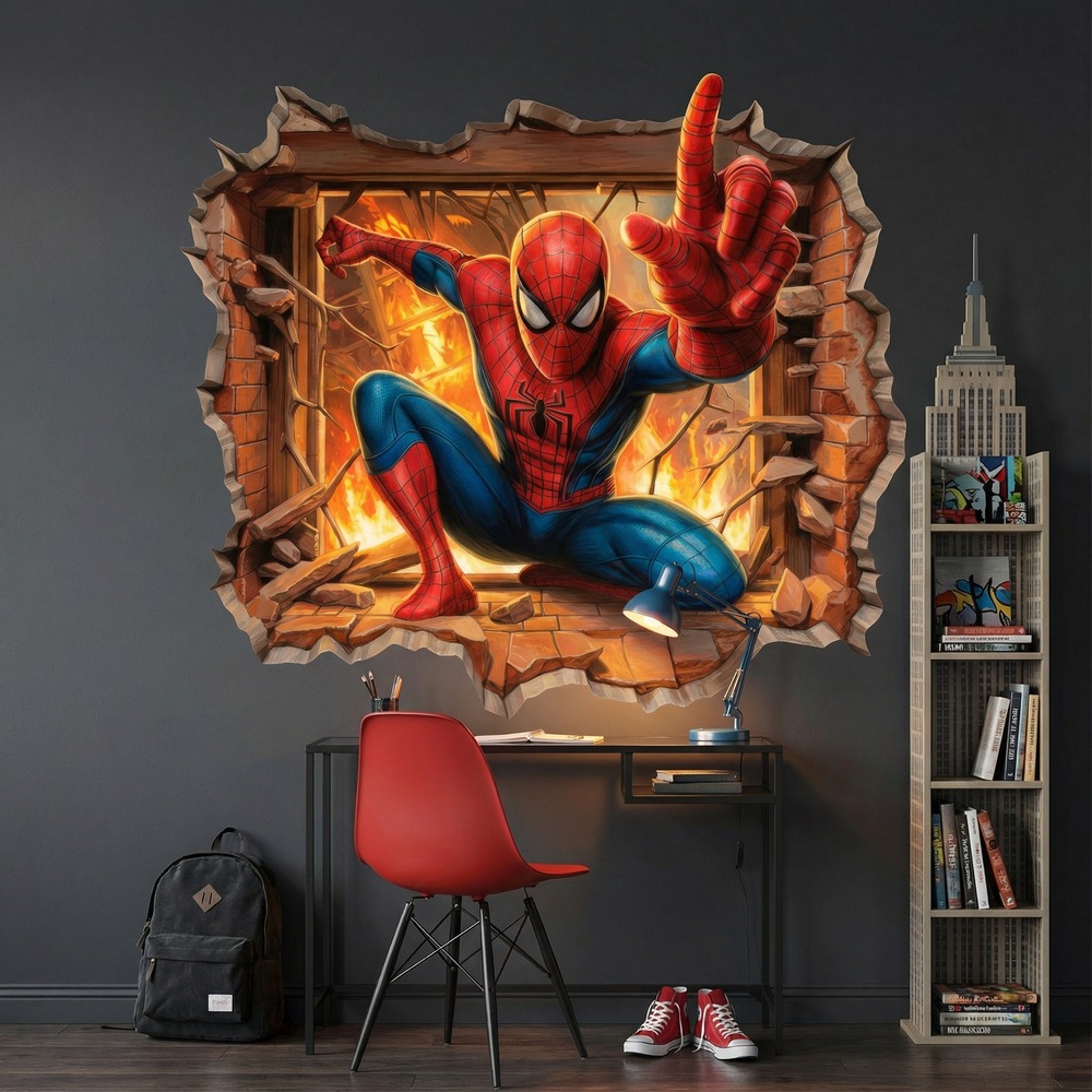 Kinderzimmer Wandtattoo: Wandloch Spiderman Feuer