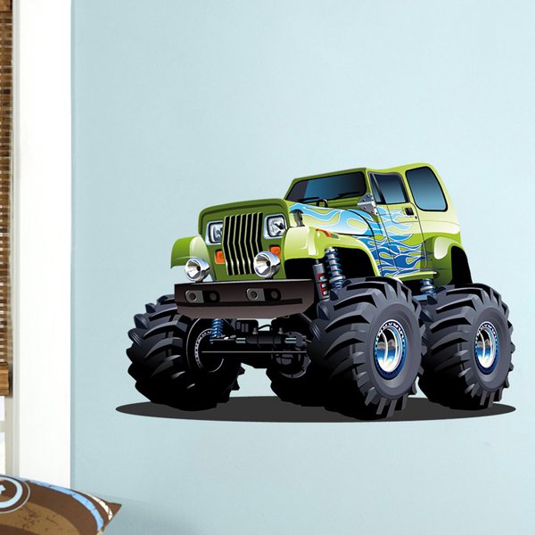 Kinderzimmer Wandtattoo: Monster Truck grün mit blauen Flammen