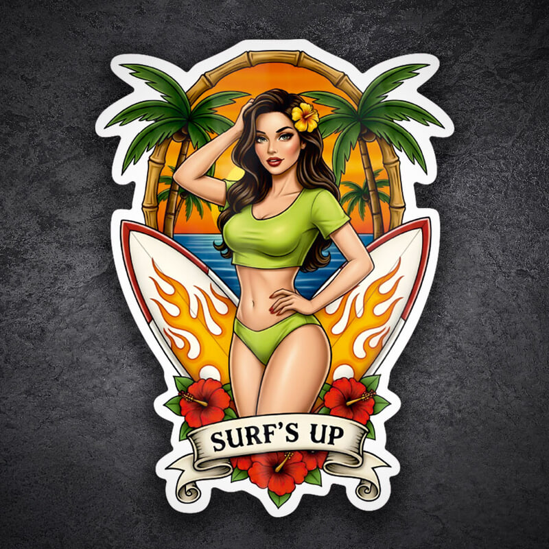 Aufkleber: Surf’s Up Pin-Up Tropical