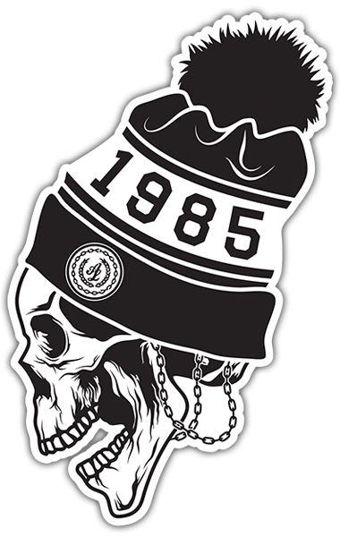 Aufkleber: Totenkopf 1985 mit Wollm&uuml;tze und Ketten