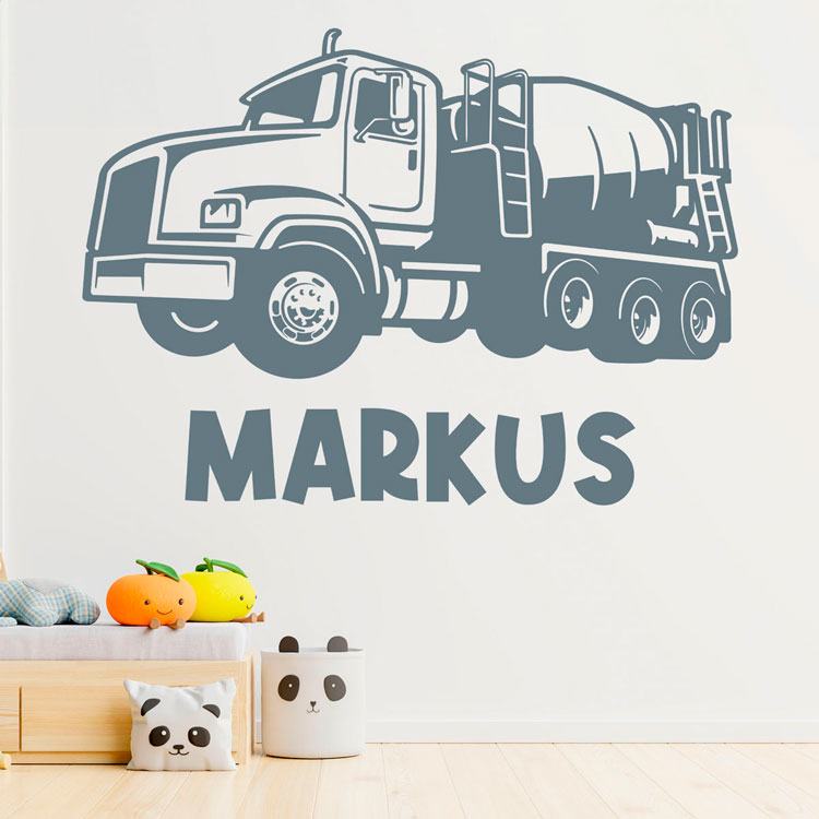 Kinderzimmer Wandtattoo: Betonmischer-LKW mit Namen