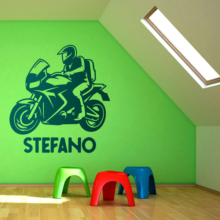 Kinderzimmer Wandtattoo: Straßenmotorrad mit Namen