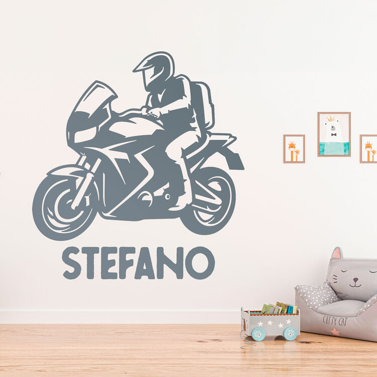 Kinderzimmer Wandtattoo: Straßenmotorrad mit Namen