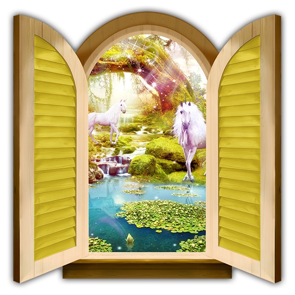 Wandtattoos: Fenster Pferde in einem märchenhaften Garten