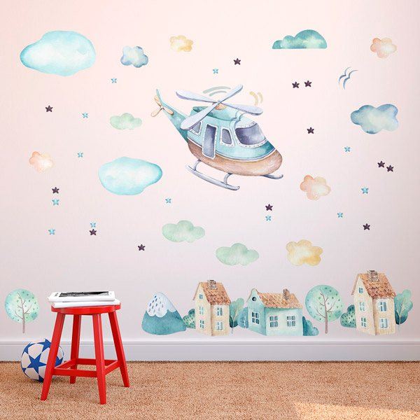 Kinderzimmer Wandtattoo: Hubschrauber, Wolken und Häuser