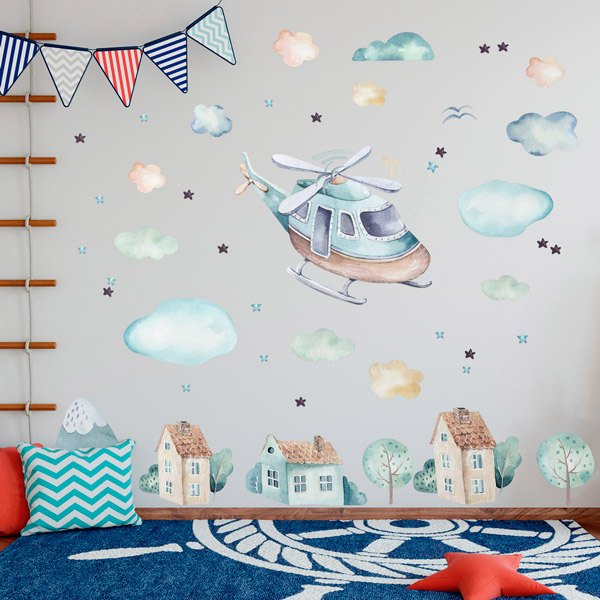 Kinderzimmer Wandtattoo: Hubschrauber, Wolken und Häuser