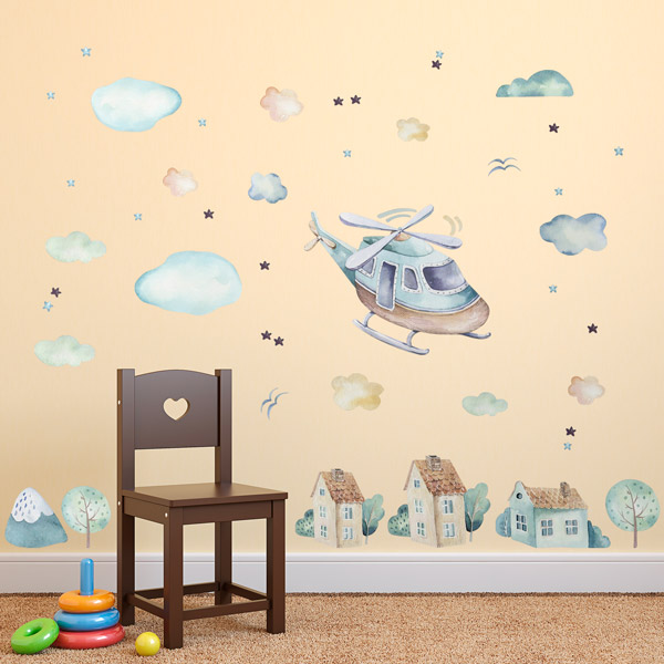 Kinderzimmer Wandtattoo: Hubschrauber, Wolken und Häuser