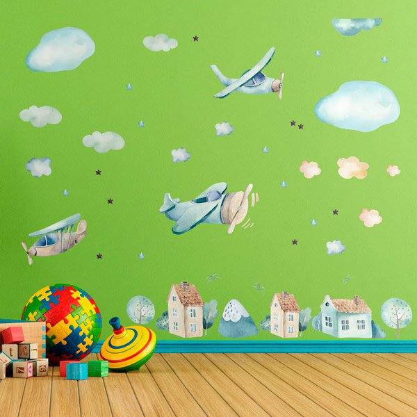 Kinderzimmer Wandtattoo: Flugzeuge, Wolken und Häuser