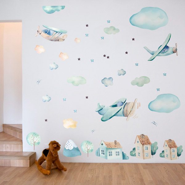 Kinderzimmer Wandtattoo: Flugzeuge, Wolken und Häuser