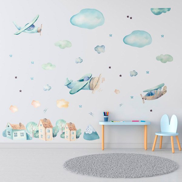 Kinderzimmer Wandtattoo: Flugzeuge, Wolken und Häuser