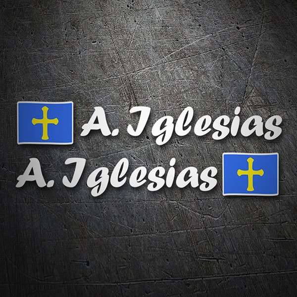 Aufkleber: 2X Flaggen Asturien + Name kalligraphischer weiß